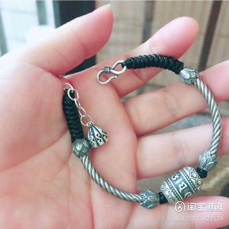 Vòng tay bạc thái s999 kết hợp dây thắt khắc Lục Tự Đại Minh Thần Chú