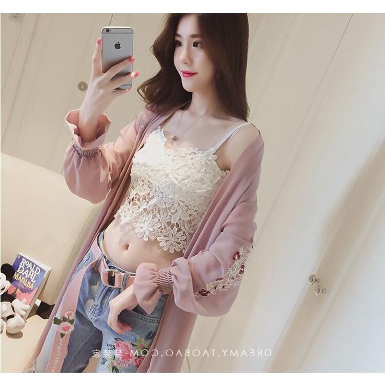 Aó khoác dài CARDIGAN nữ mùa hè 2019 chất voan dài tay thêu hoa chống nắng YT.01526