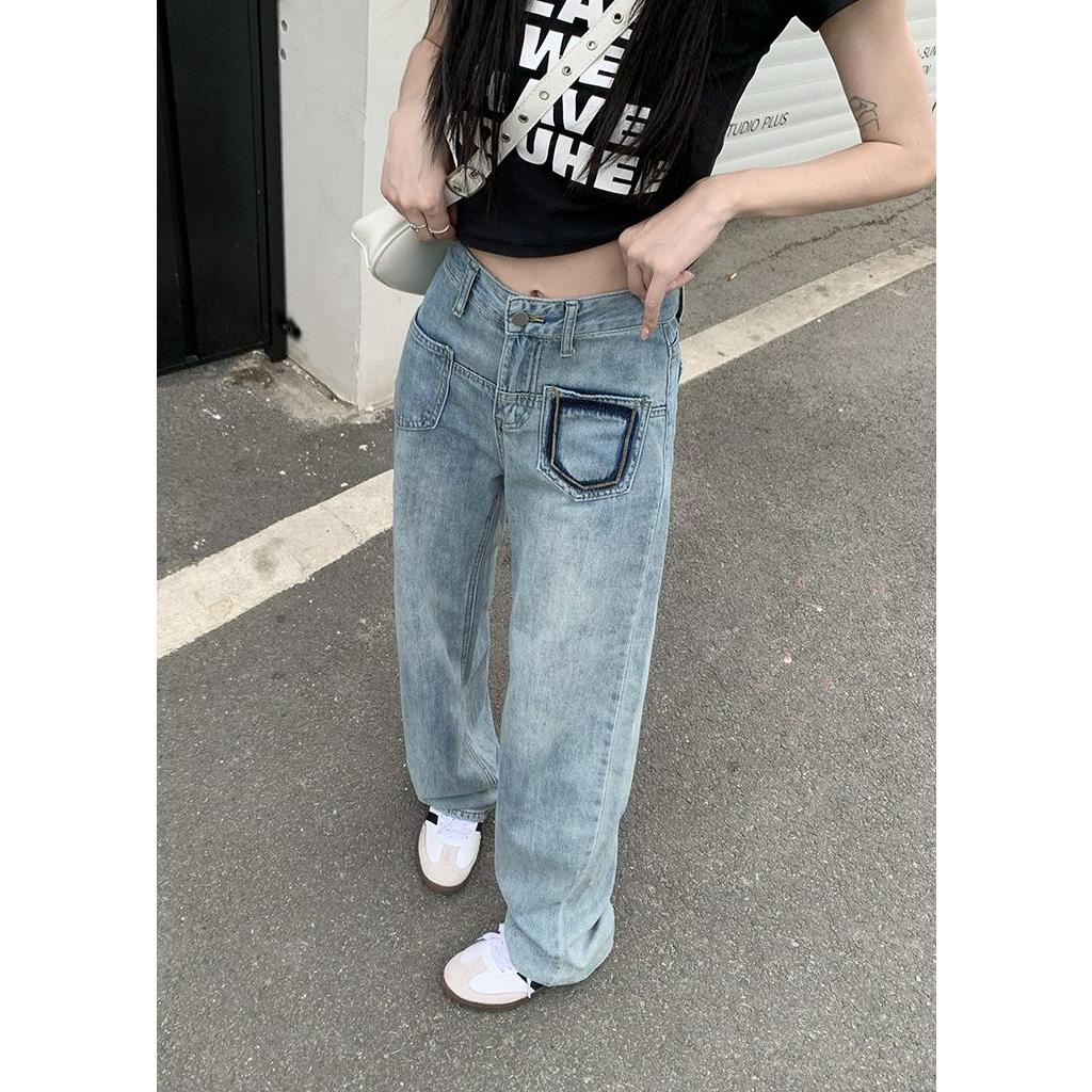 Quần Jean Ống Rộng Lưng Cao Có Túi Màu Sắc Tương Phản Phong Cách Thời Trang Mới 64186
