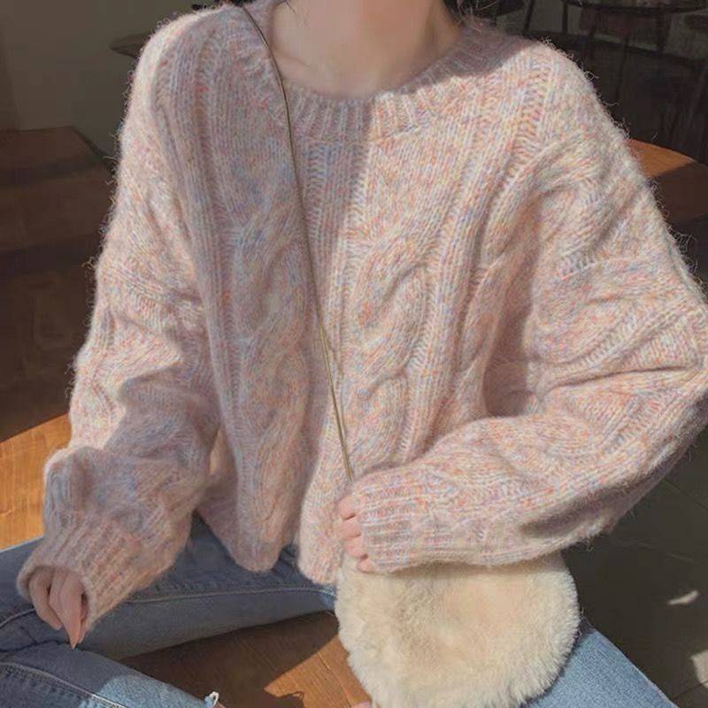 Áo Sweater Dệt Kim Chui Đầu Dáng Rộng Màu Hồng Dễ Thương