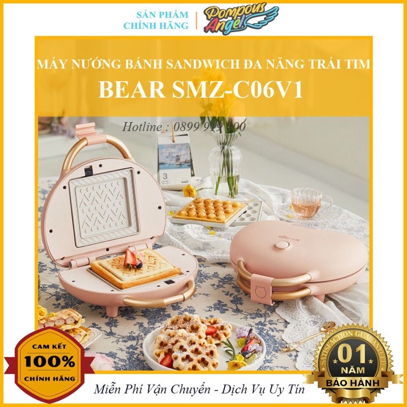Máy nướng bánh sandwich 3 cặp khay tháo rời hình trái tim BEAR SMZ-C06V1 màu hồng cao cấp bảo hành 12 thán