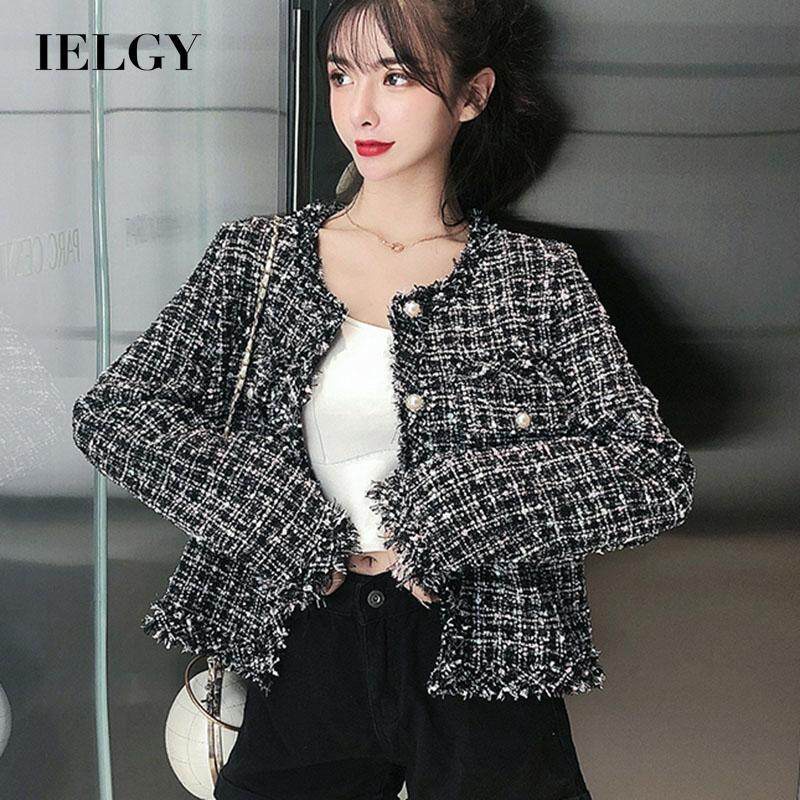 Áo khoác IELGY tay dài ôm dáng vừa vặn màu đen/ trắng in họa tiết thời trang xinh xắn dành cho nữ