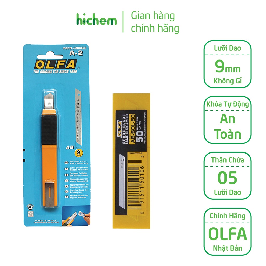 Dao cắt OLFA A-2 Cắt Bao Bì 9mm và lưỡi AB-SOL-50 Thay Thế