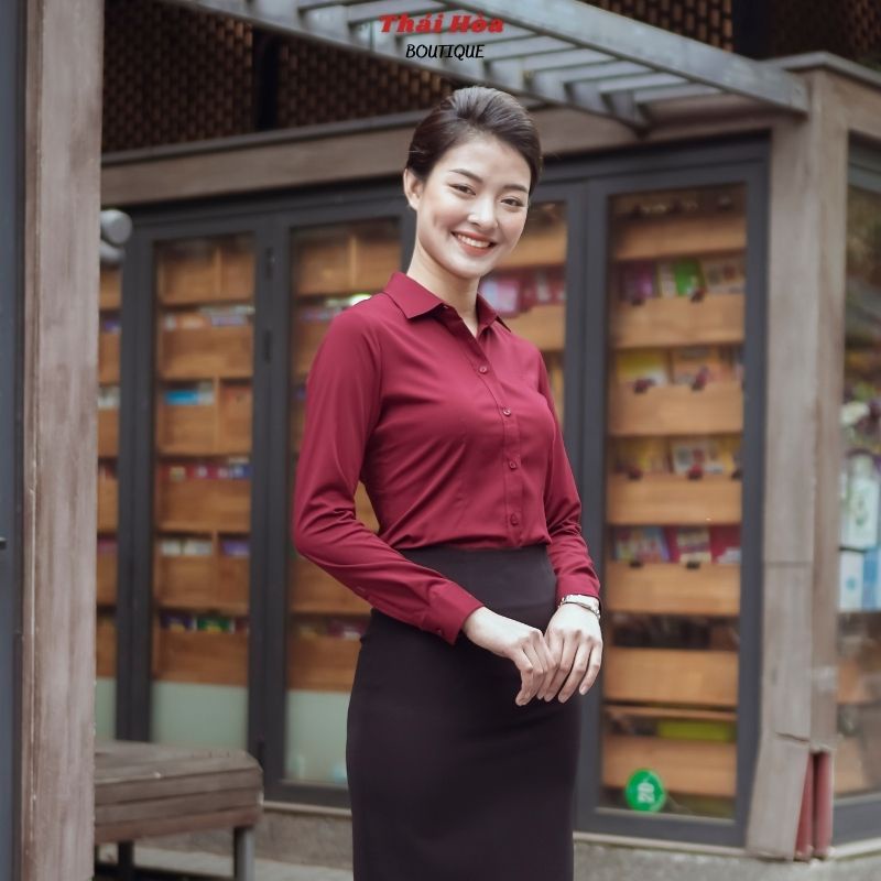 Áo sơ mi nữ công sở kiểu dài tay vải sợi tre cao cấp màu đỏ đô Thái Hoà 8919-12-01
