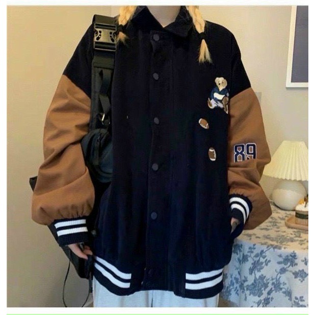 Áo Khoác Nhung Gân Form Rộng Bomber Cổ Bẻ Thêu Hình Gấu | BigBuy360 - bigbuy360.vn