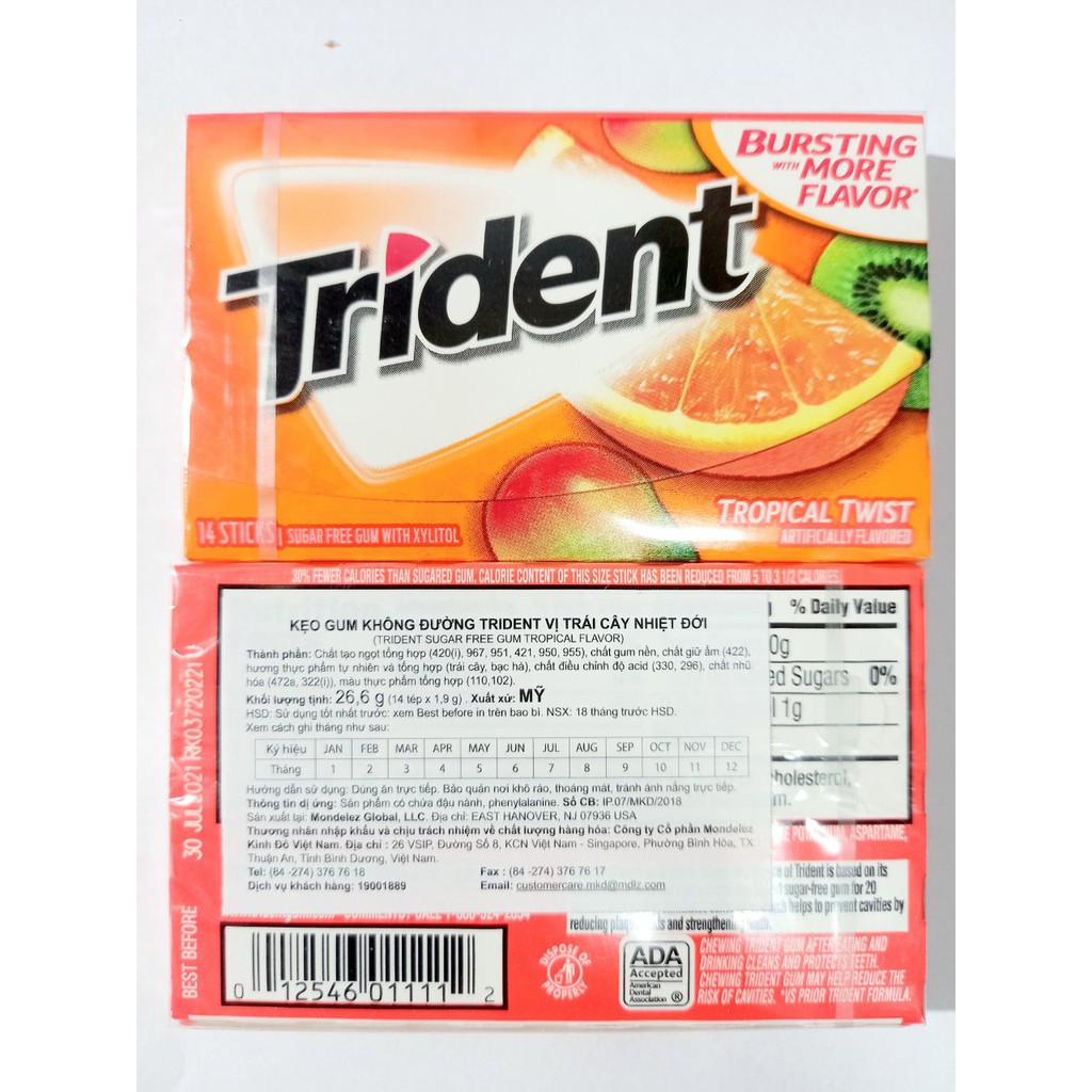 singum Trident không đường - có 4 vị, 26.6 1 gói _ Mỹ