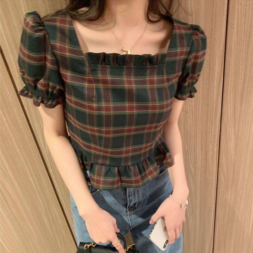 Áo Croptop Tay Phồng Họa Tiết Sọc Caro Phong Cách retro