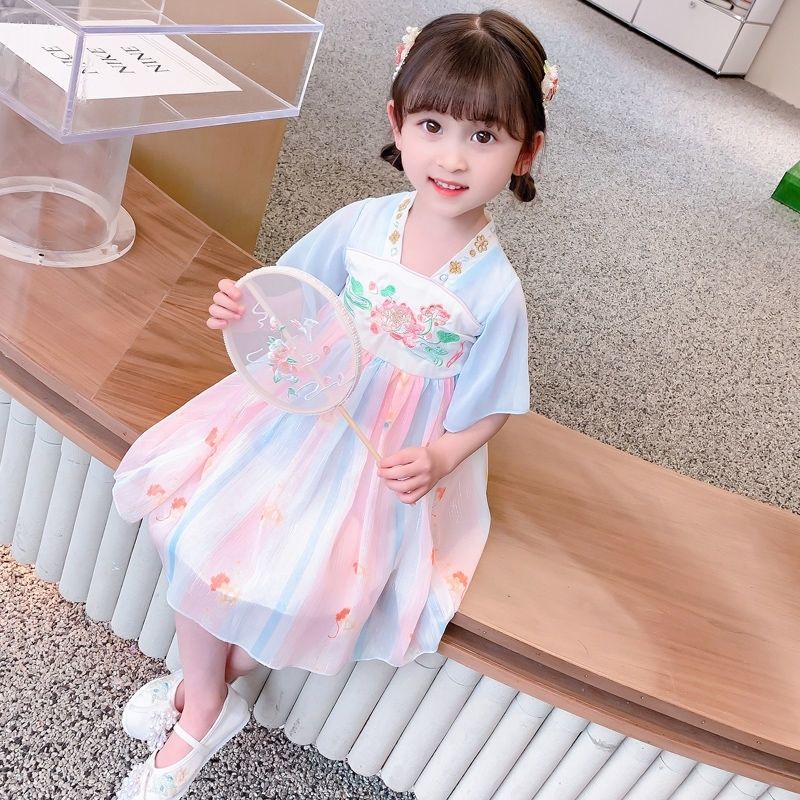 Đầm Hán Phục Tay Ngắn Phối Lưới Thêu Họa Tiết Phong Cách Trung Hoa Mới 2022 Cho Bé Gái