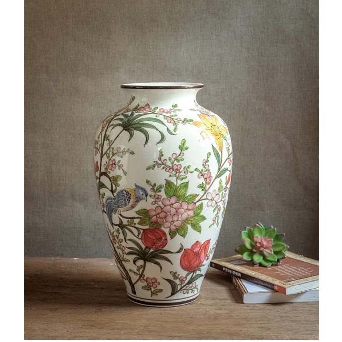 Lọ hoa gốm sứ Bát Tràng cao cấp vẽ tay hoạ tiết chim hoa phú quý cao 35cm