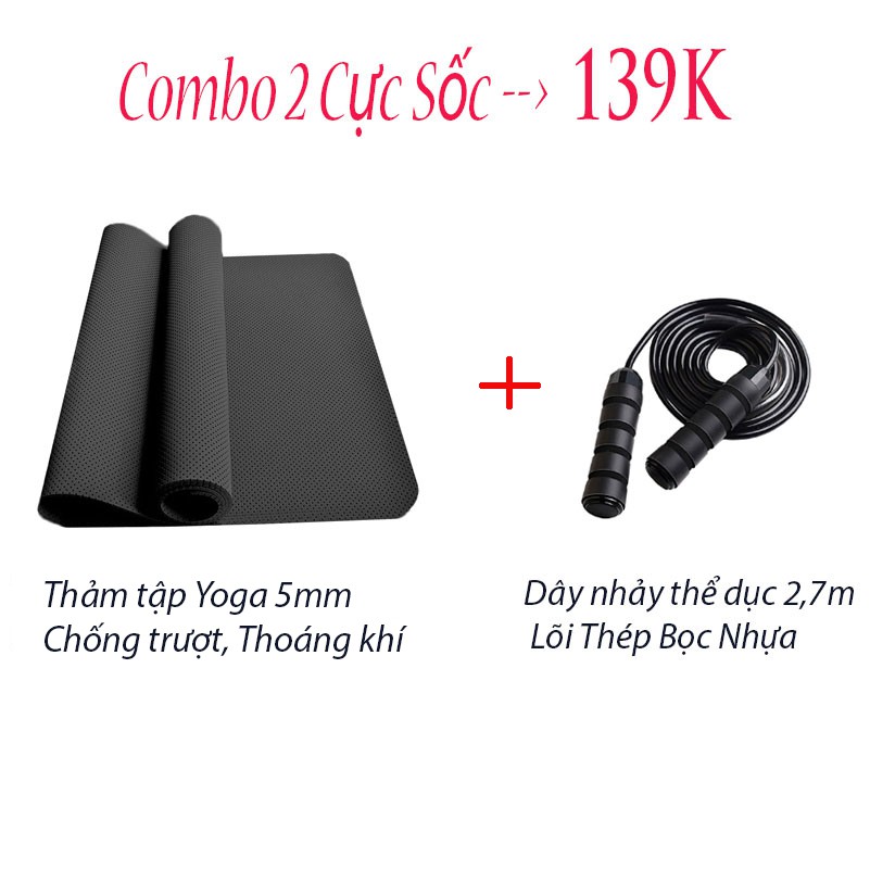 [Combo 2 Cực Sốc] Thảm Yoga 5mm Chống Trượt Thoáng Khí + Dây Nhảy Thể Dục Nhảy KICKBOXIG Lõi Thép Dài 2,7m TM09