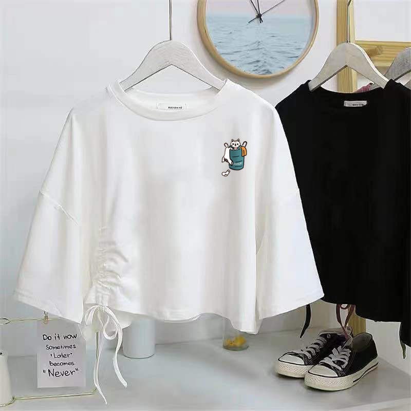 Áo Thun Tay Ngắn Dáng Rộng Phối Dây Rút Phong Cách Hàn Quốc Thời Trang Mùa Hè Cá Tính