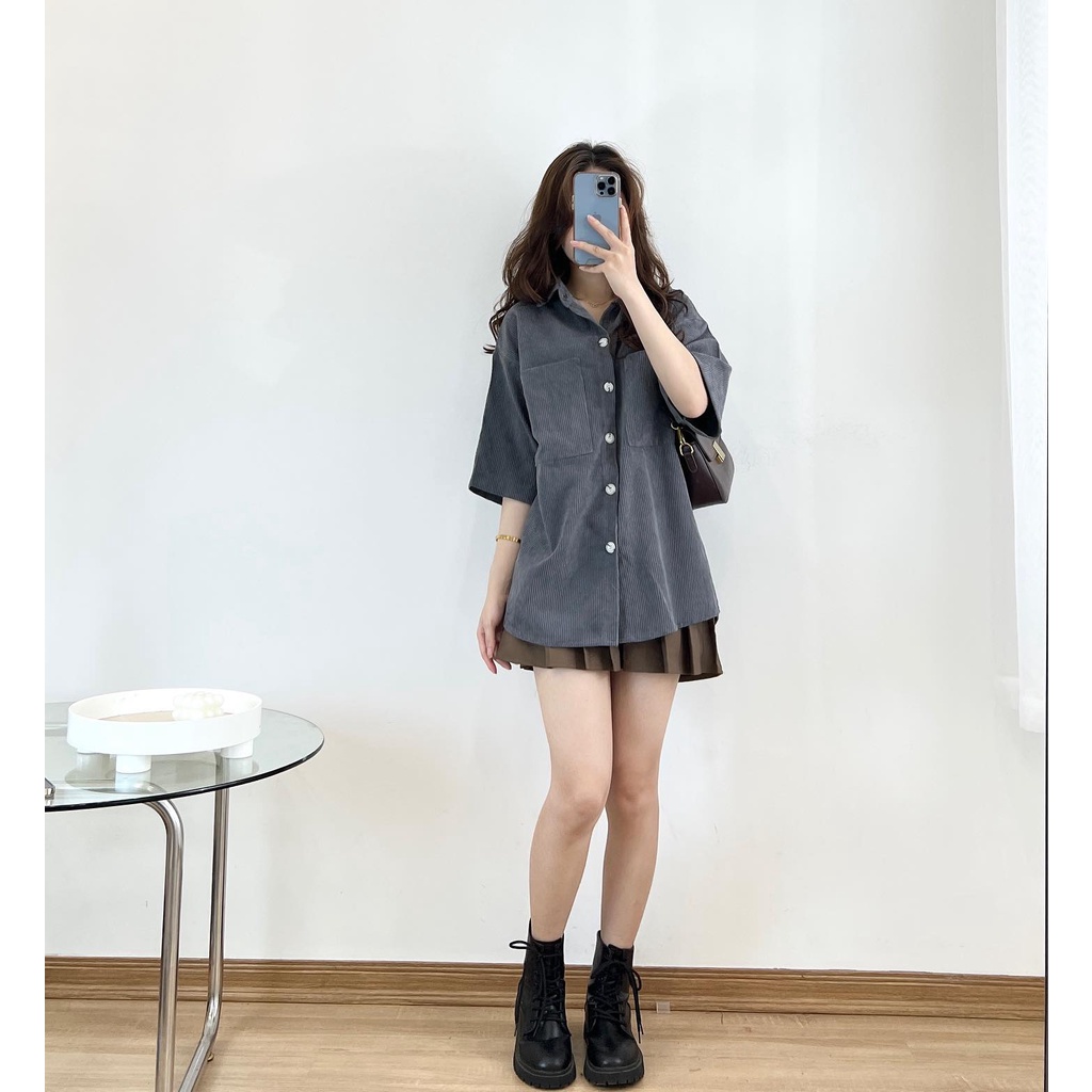 Áo sơ mi nhung tăm to cộc tay, Áo sơ mi ngắn tay freesize- Miho house