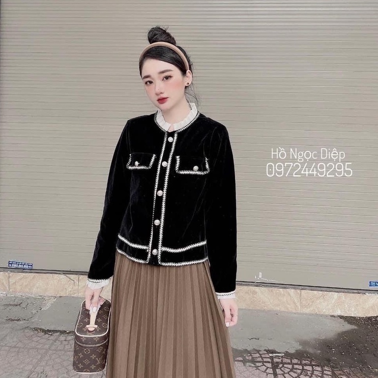 Áo khoác nhung viền thừng túi hộp cổ bèo áo kiểu nữ công sở | BigBuy360 - bigbuy360.vn