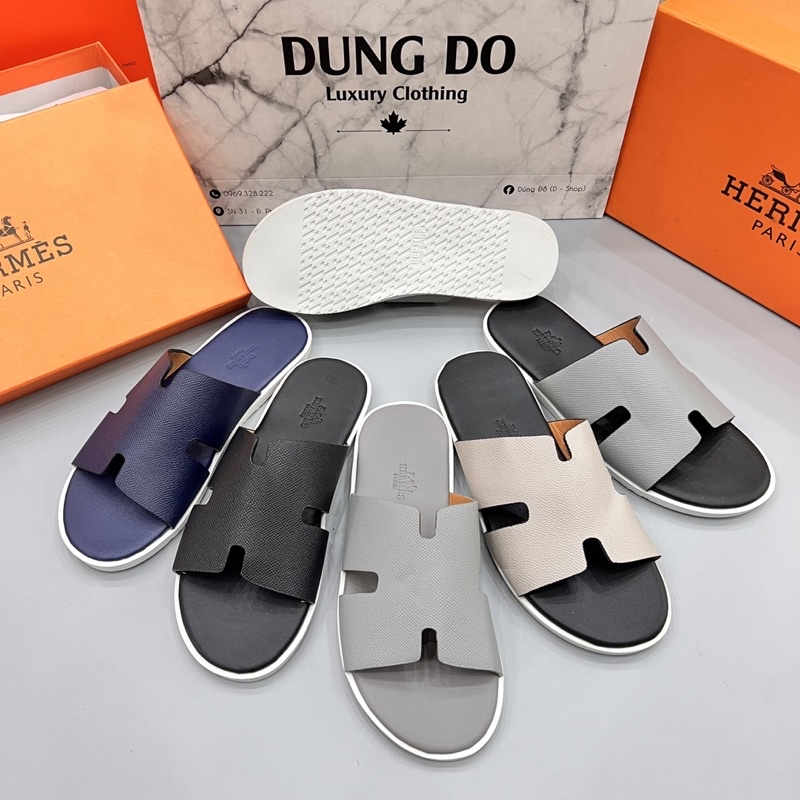 Dép lê nam chữ H quai da đế trắng kèm hộp - Dép lê nam siêu nét