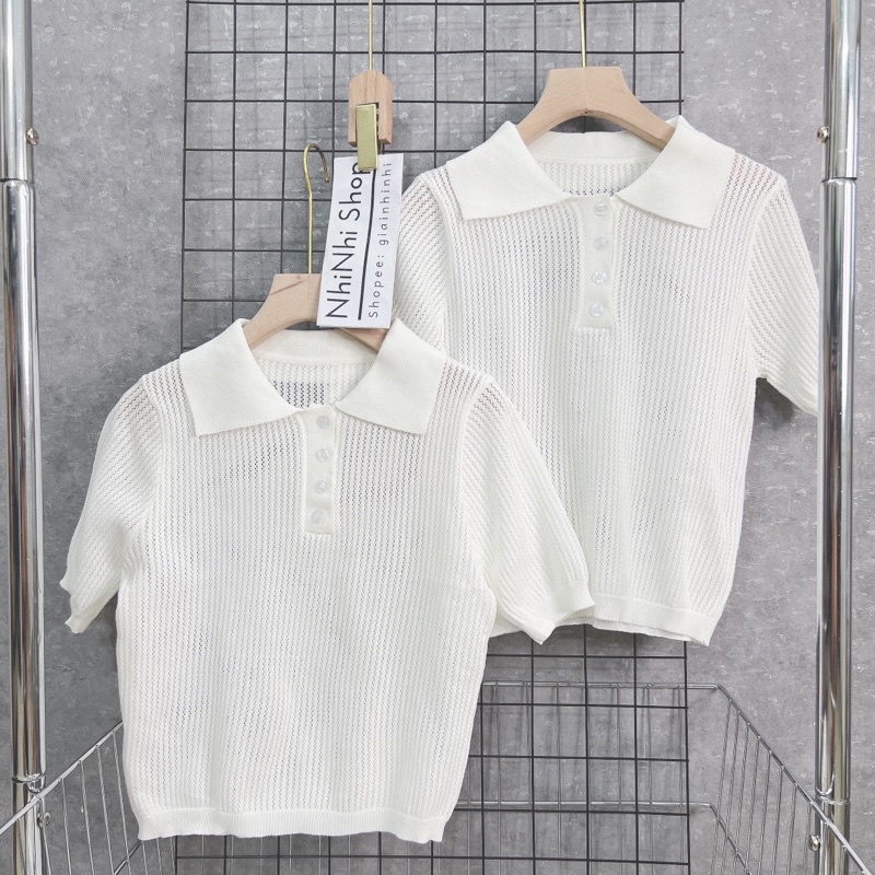 Áo polo len lỗ thưa màu trắng, Áo kiểu len cổ bẻ ngắn tay bo chun AL1379 - NhiNhi Shop