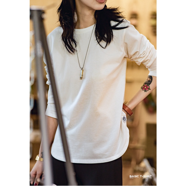 Áo thun MADEN cotton tay dài màu trơn phong cách retro Mỹ