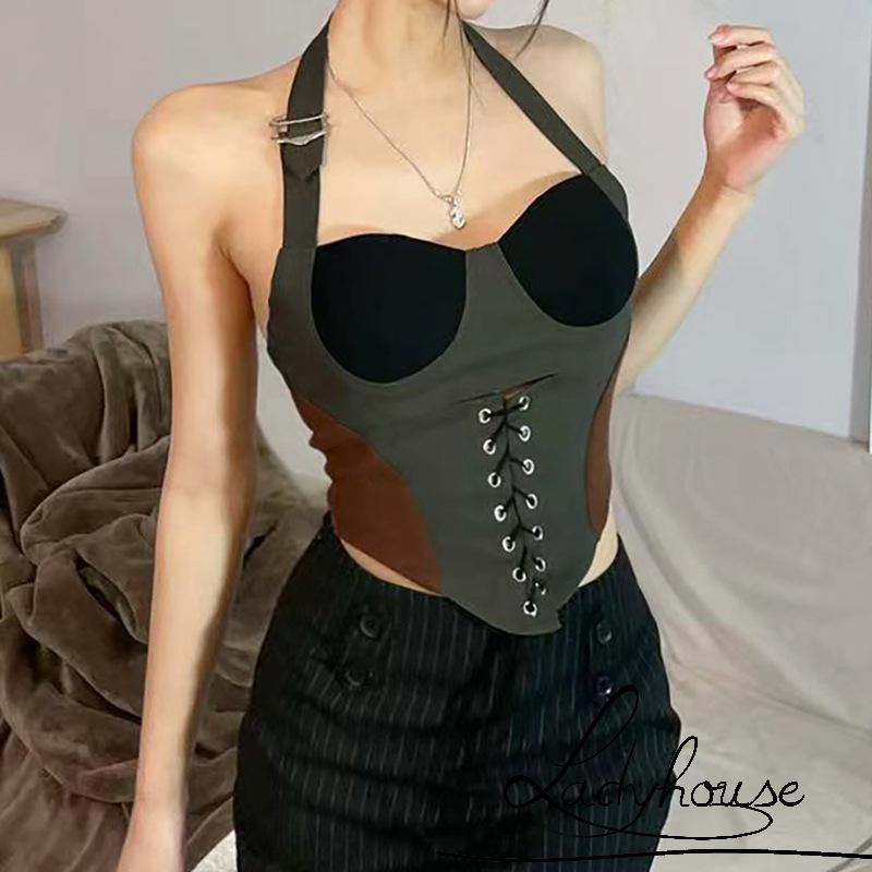 Áo tank top không tay hở lưng ôm dáng phong cách đường phố đơn giản cho nữ