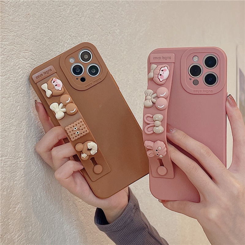 Ốp Điện Thoại Silicon Hình Thỏ Nổi 3D Có Dây Đeo Cổ Tay Chống Rơi Cho iPhone X Xs XR 7 8 Plus 11 12 Pro Max