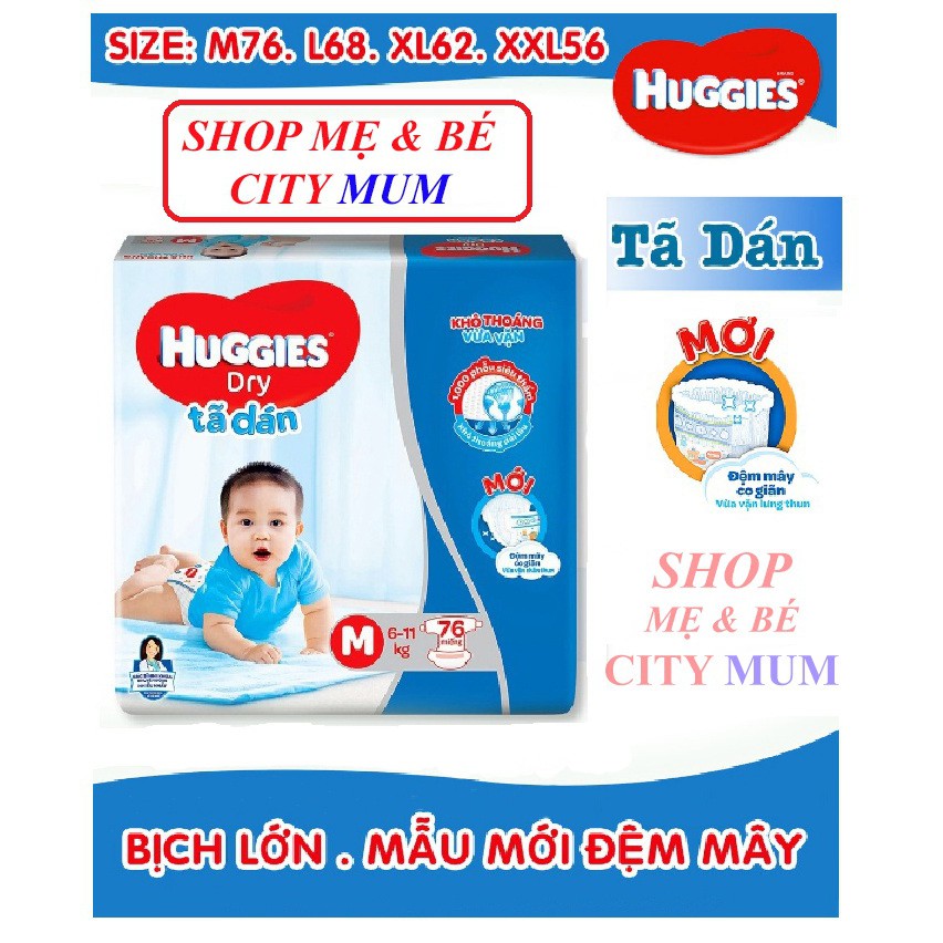 TẢ DÁN HUGGIES CỰC ĐẠI ( mẫu mới đệm mây co giản ) M74, L68,XL62,XXL 56