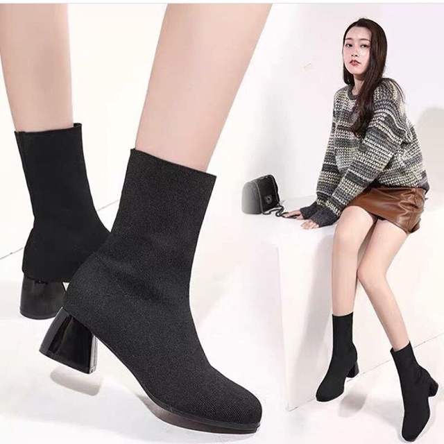 Giày bốt nữ thu đông mới châu Âu và Mỹ giày nữ cổ vuông đế xuồng dệt kim Giày nữ cao gót