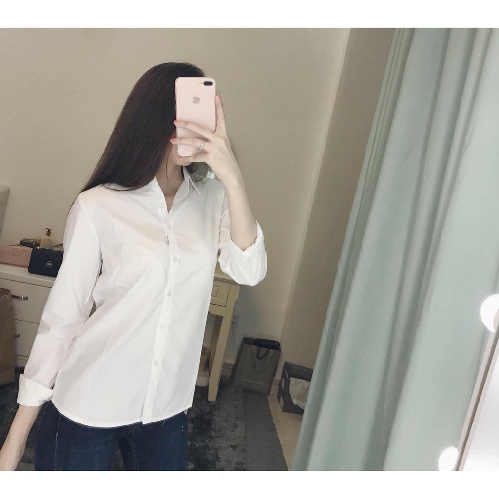 Áo sơ mi nữ công sở trắng basic trơn sang trọng tay dài đẹp kiểu Hàn Quốc CHIBEST SP056737