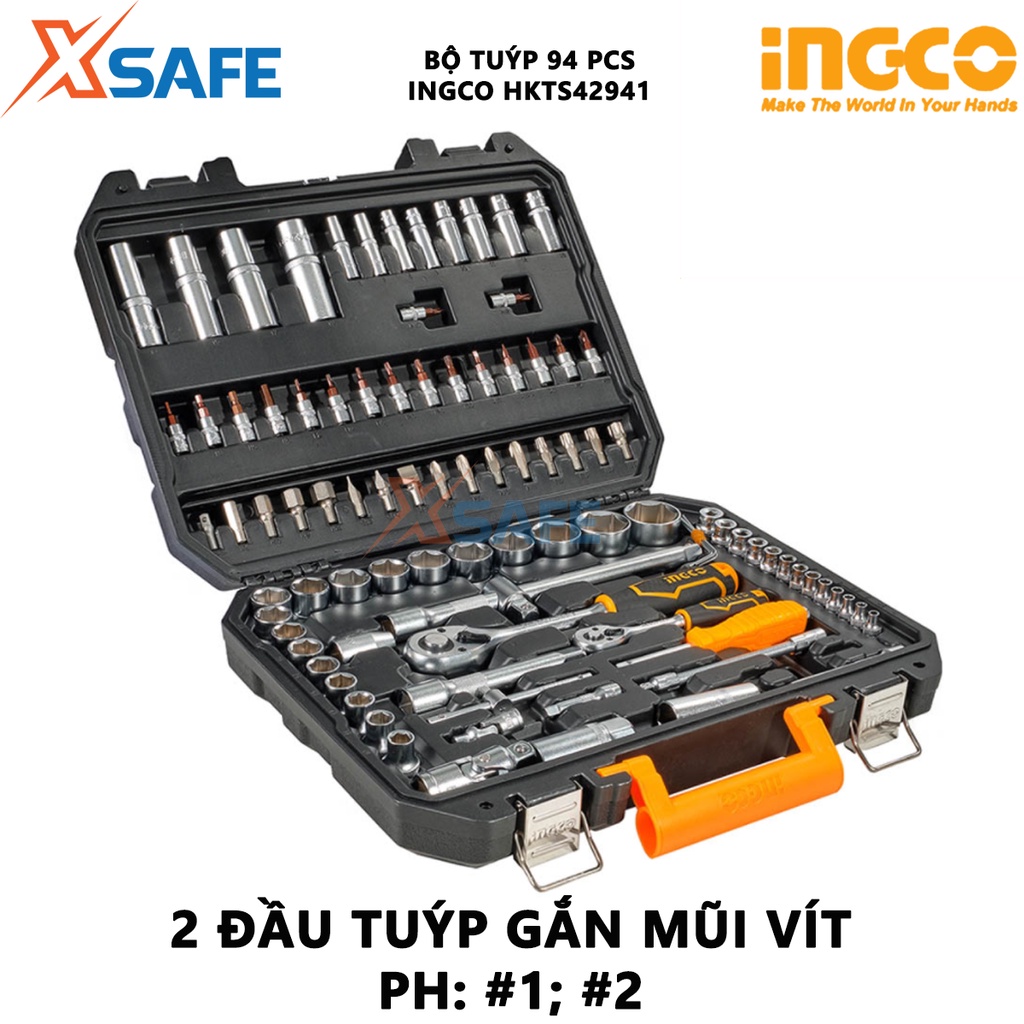 Bộ tuýp đa năng 94 chi tiết INGCO HKTS42941 gồm nhiều đầu tiếp 1/2-1/4inch, cần nối, cần siết, khớp nối, mũi vít