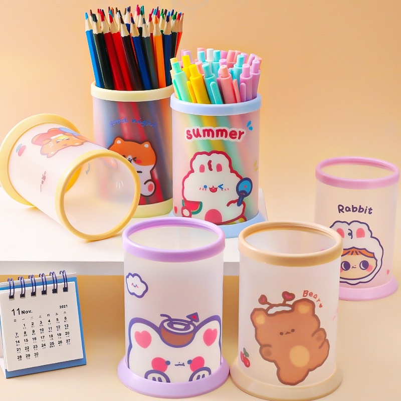Hộp đựng bút hình trụ tròn để bàn DIY hoạ tiết hoạt hình dễ thương bằng nhựa pp trong suốt chống thấm nước