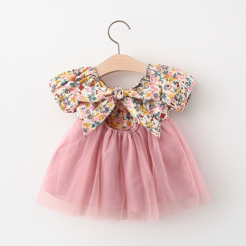 (7-14kg) Váy trẻ em Themoon Shop, váy hoa nhí nơ lưng phối voan màu hồng cute cho bé yêu, đầm trẻ con 6 tháng đến 3 tuổi