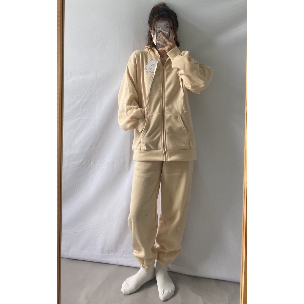 Set Bộ Nỉ Áo Khoác Quần Dài Set Bộ Nỉ Ngoại Tay Phồng Form Rộng Phong Cách Ulzzang Basic [Ảnh Thật]