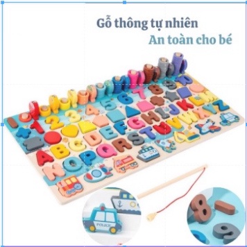 Đồ Chơi Bảng Ghép Gỗ Montessory Đa Chức Năng 6 Trong 1 Câu Cá Xếp Chữ Số Hình Khối PT Giao Thông Thả Vòng TRITUEVIET