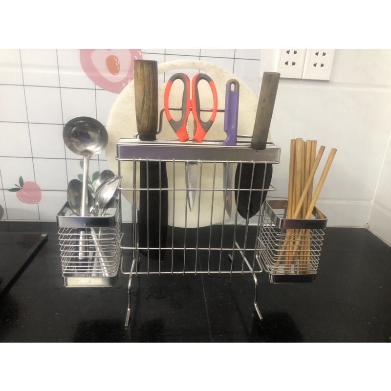 Kệ cài dao cài thớt kèm ống đũa đôi inox-Kệ dao thớt inox