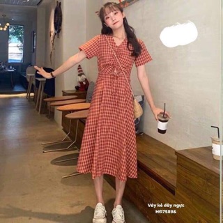 Váy kẻ dây ngực -HĐ