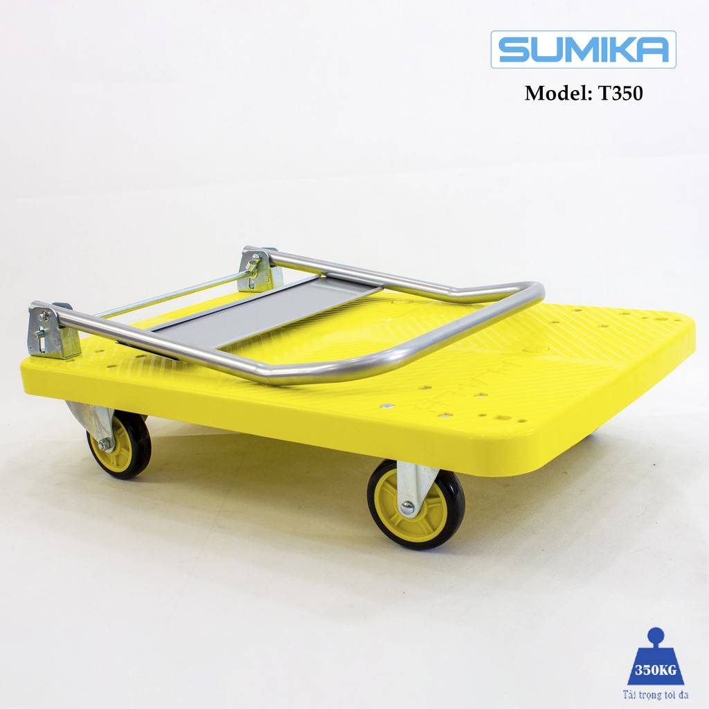 Xe đẩy hàng sàn nhựa PP SUMIKA T350, tải trọng 350kg, màu vàng, bánh xe nhựa PU đàn hồi