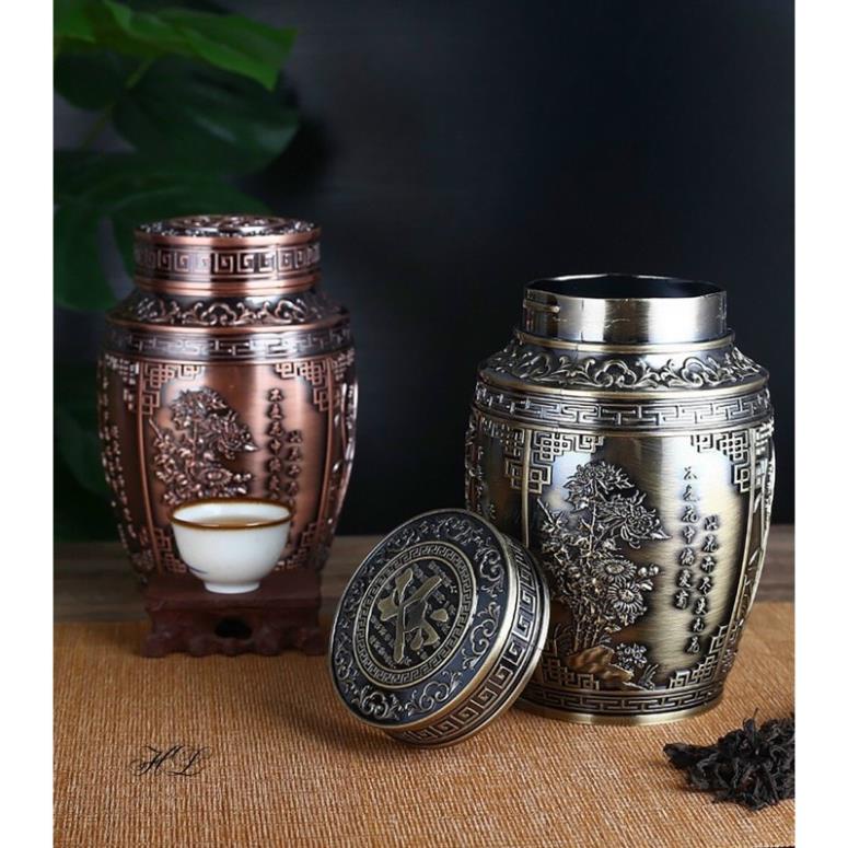 Hộp Đựng Chè Bằng Hợp Kim Sang Trọng Hoạ Tiết Tứ Quý