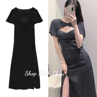 (Sẵn)Váy midi chấm bi xẻ tà Zarrraa dư sịn