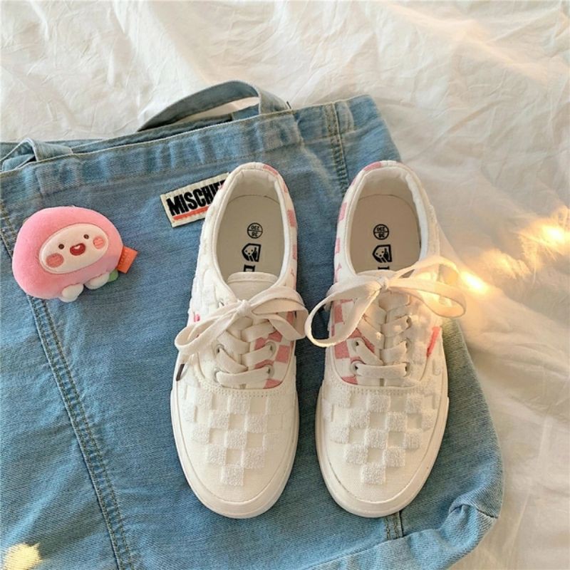 6:30PM Order Mã 060 Giày sneaker ulzzang dáng vans basic phối màu hồng pastel họa tiết caro nổi độc lạ