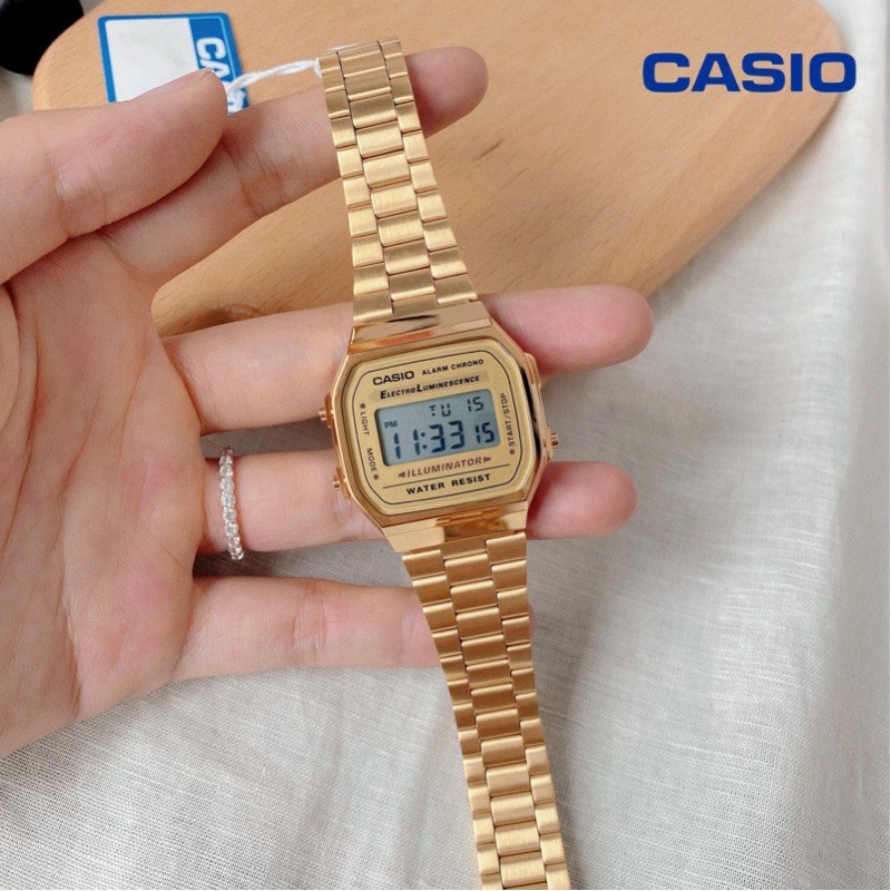Đồng hồ nam nữ Casio điện tử chính hãng mặt vuông chống nước 3ATM , dây kim loại - đồng hồ A168
