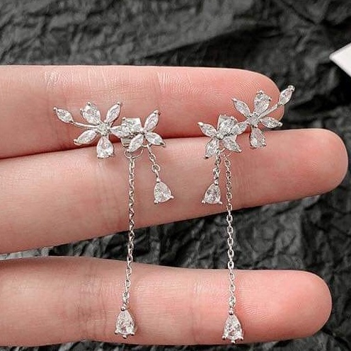 Khuyên tai bạc khuyên Hoa tua thả đá phong cách Tiểu Thư