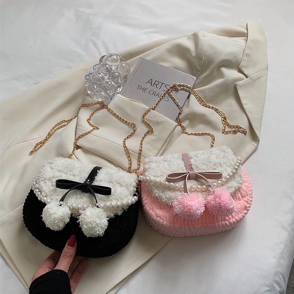 Túi len tự đan, túi đeo chéo mini thắt nơ da xinh xắn dễ thương - Bộ phụ kiện đầy đủ LX803