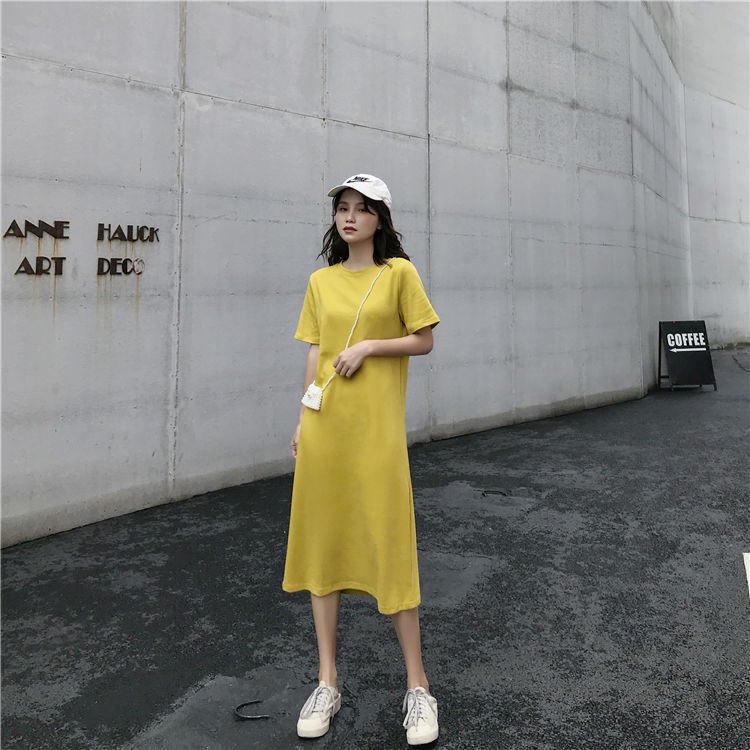 Đầm Thun Dáng Rộng Tay Ngắn Phong Cách Hàn Quốc Thời Trang Mùa Hè Xinh Xắn Cho Nữ