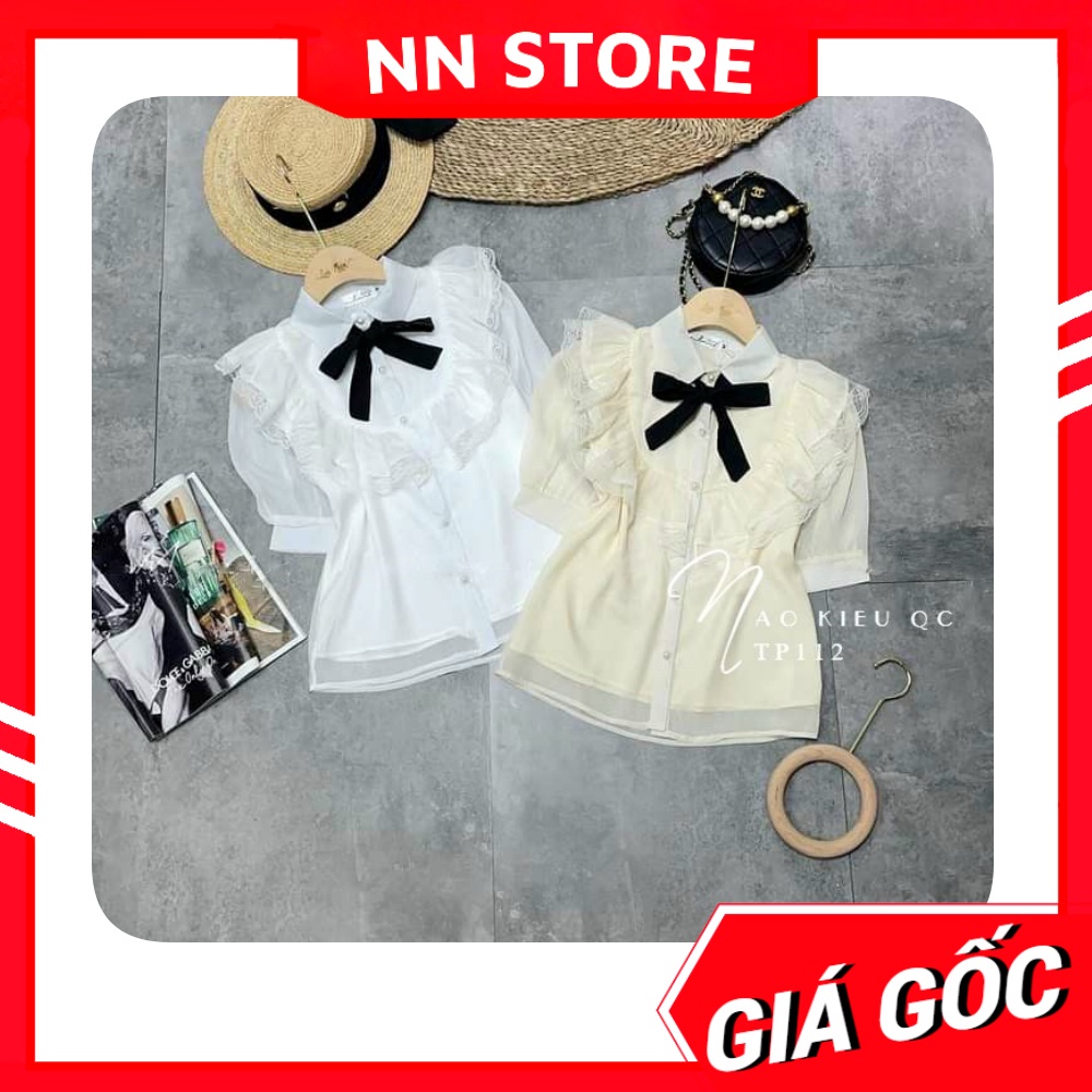 Áo kiểu công sở nữ phối nơ dún bèo tay phồng chất vải mềm mịn dễ thương TP112