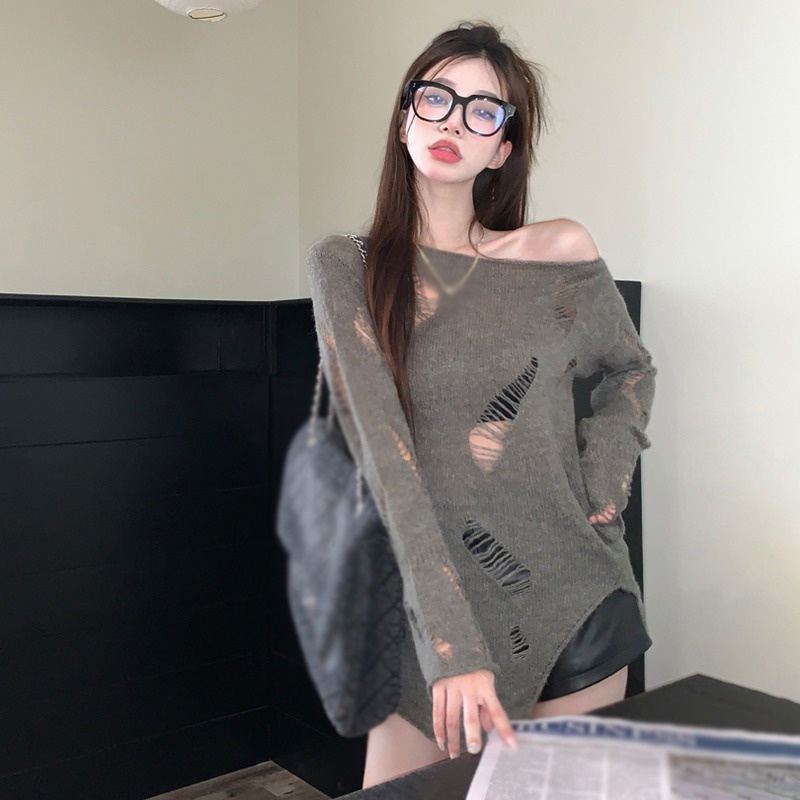 Áo Sweater Dệt Kim Mỏng Tay Dài Hở Vai Màu Sắc Trơn Phong Cách Hàn Quốc Cho Nữ