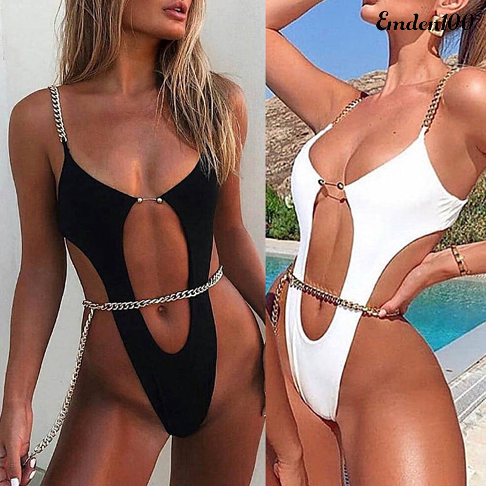 Bộ Đồ Bơi Một Mảnh Màu Trơn Có Đệm Ngực Với Dây Xích Tùy Chỉnh Dành Cho Nữ