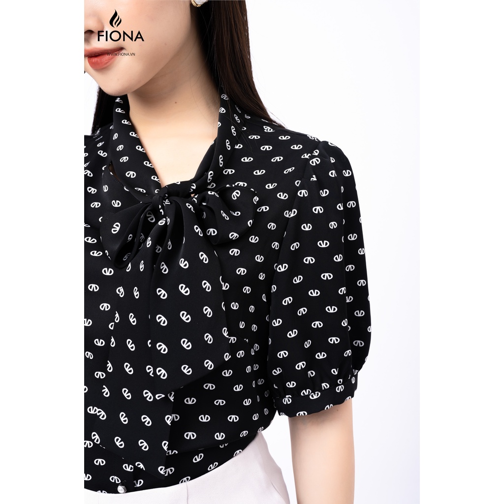 Sơ mi đen họa tiết trắng Fiona, Áo sơ mi nữ cổ nơ nẹp lệch FIONA F551219