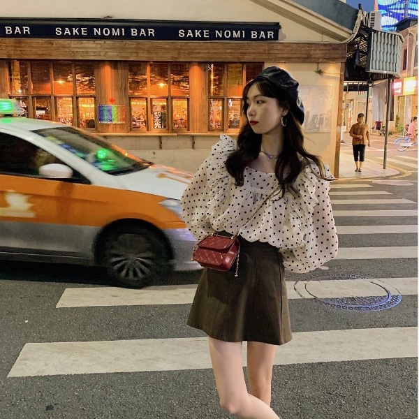 Áo kiểu SUXI tay dài họa tiết chấm bi thời trang phong cách Hàn Quốc cho nữ