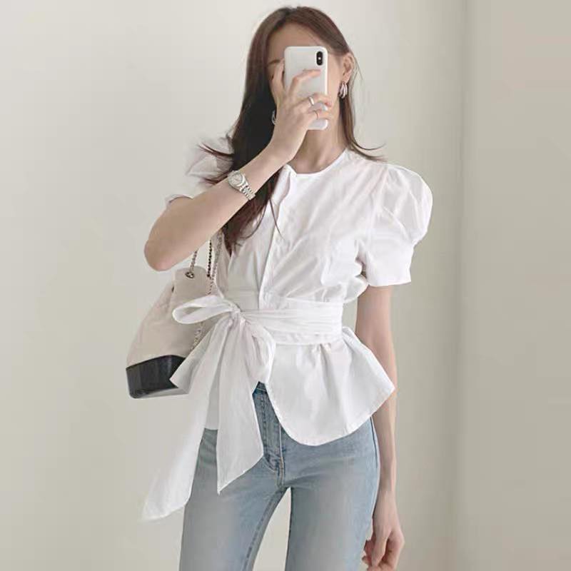 Áo kiểu nữ tay phồng nơ hông siêu hót  CHIBEST AAB017