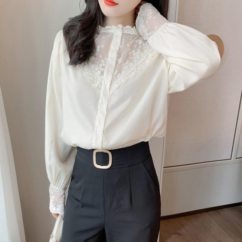 Áo Sơ Mi Chiffon Tay Dài Cổ Chữ V Phối Ren Thời Trang Mùa Hè Cho Nữ