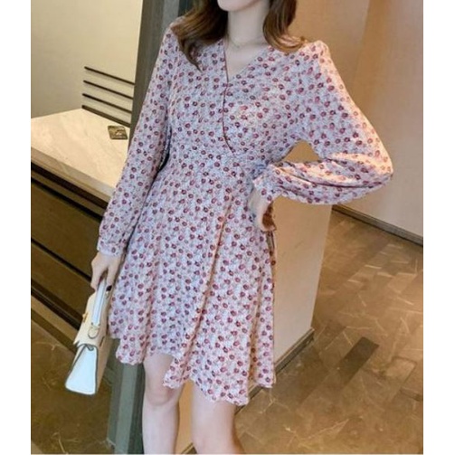 Váy nữ Đầm Midi Dáng Chữ A Ôm Eo Tay Dài Cổ Chữ V In Hoa Kiểu Retro Pháp Cho Nữ