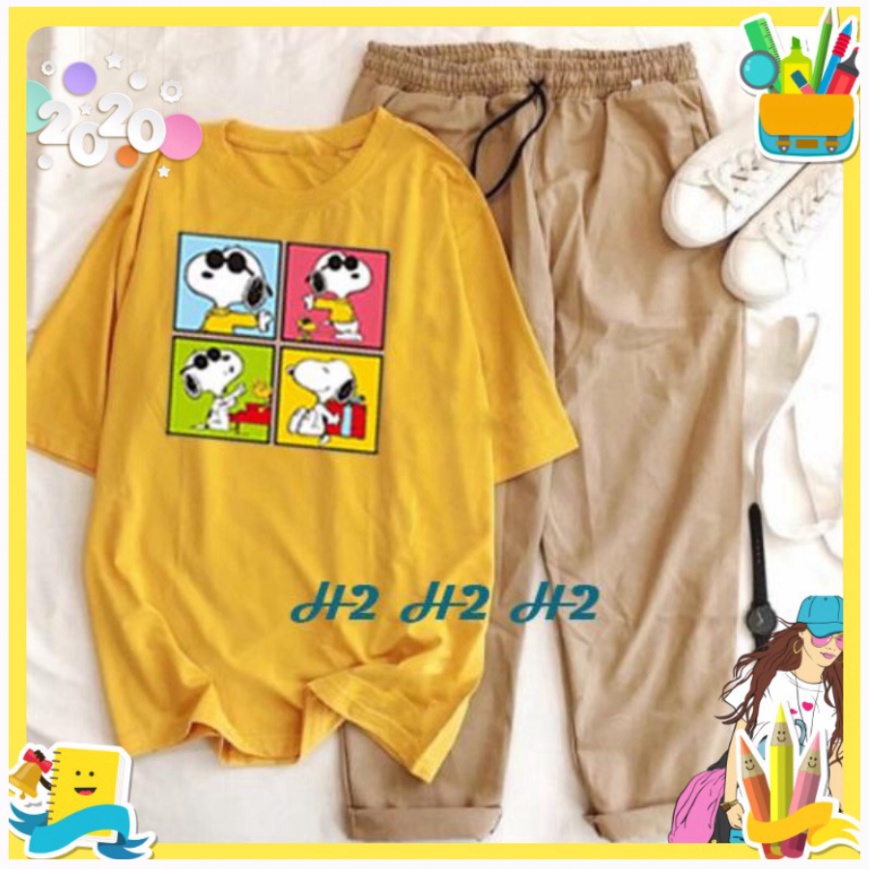 Sét Bộ Đồ Nữ Mặc Đi Chơi Dạo Phố Ngắn Tay Mùa Hè,Áo Phông Cotton In 4 Mặt Cusin Phối Quần Jogger Kaki Phong Cách Hàn Quố