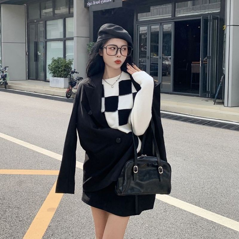 Áo Len Croptop Tay Dài Hoạ Tiết Kẻ Caro